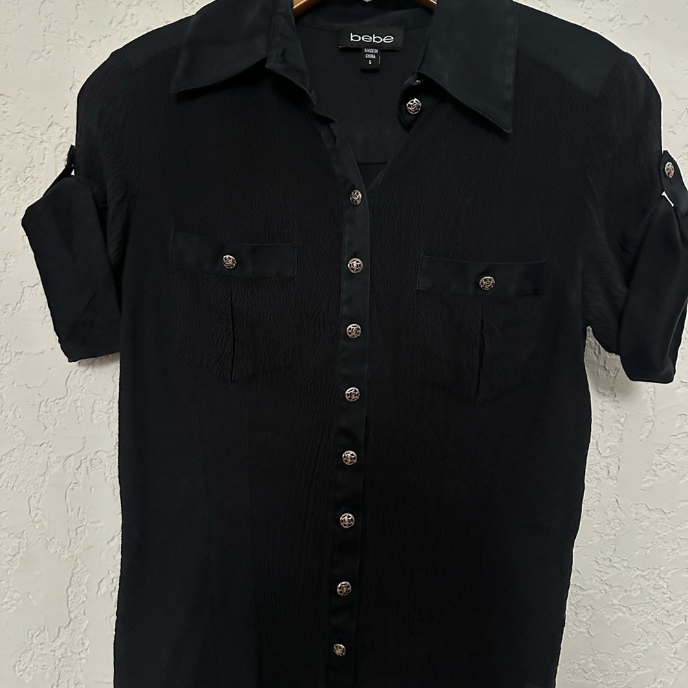 Bebe Black Button-Up Shirt with Rolled Sleeves